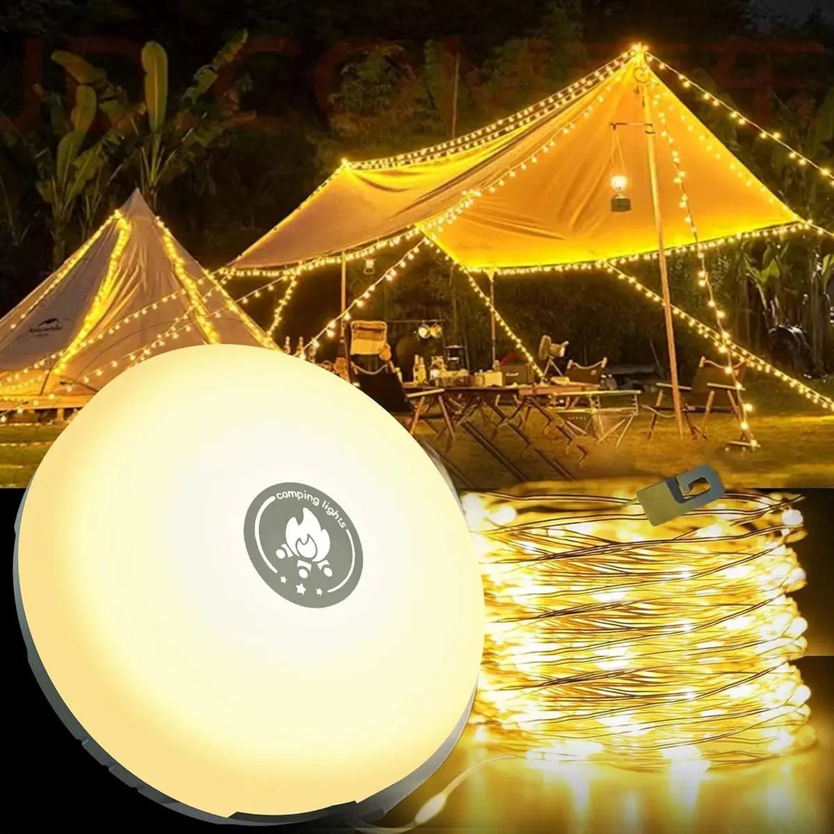 4-in-1 Camping Light with RGB String Lights & Power Bank