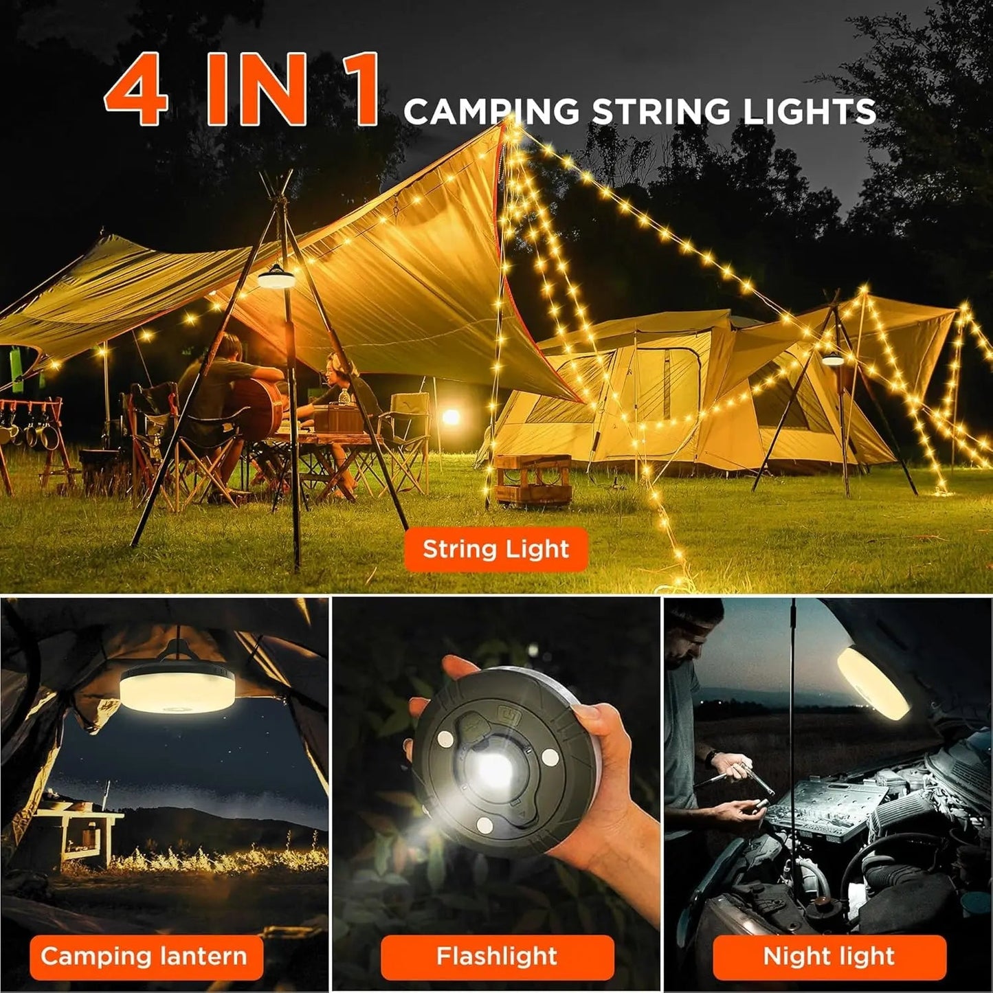 4-in-1 Camping Light with RGB String Lights & Power Bank