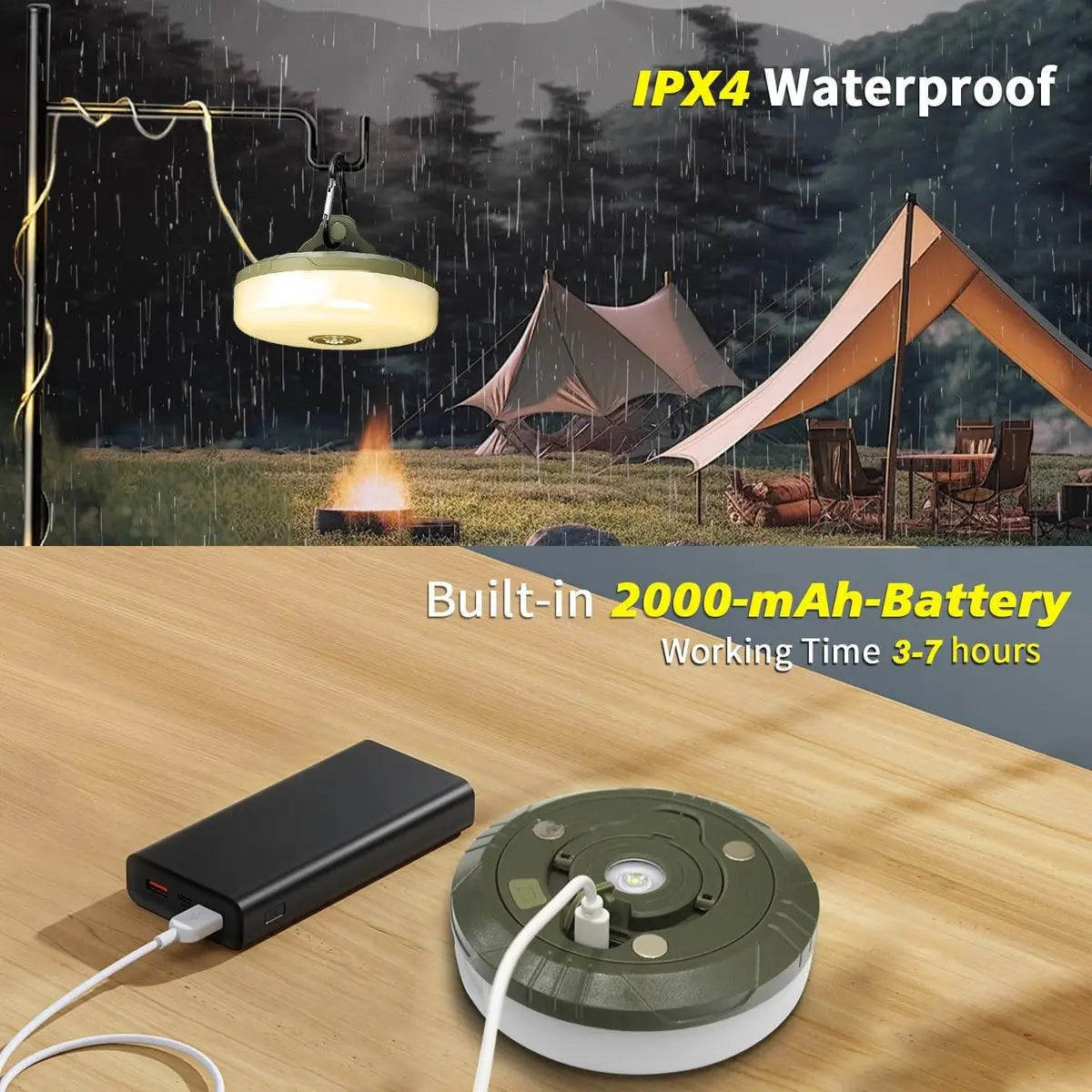 4-in-1 Camping Light with RGB String Lights & Power Bank