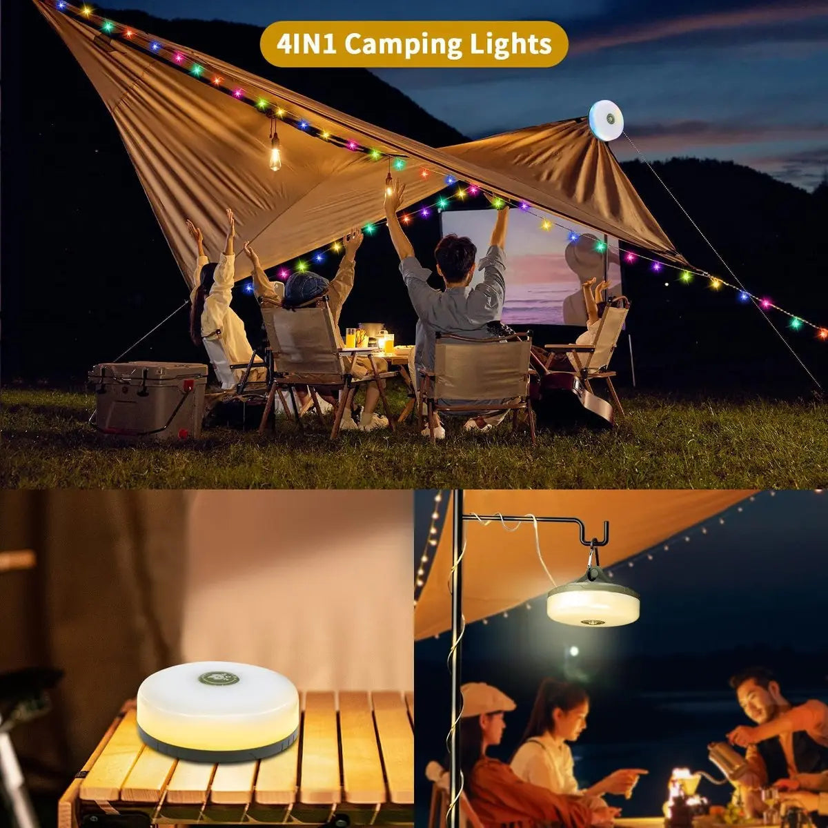 4-in-1 Camping Light with RGB String Lights & Power Bank