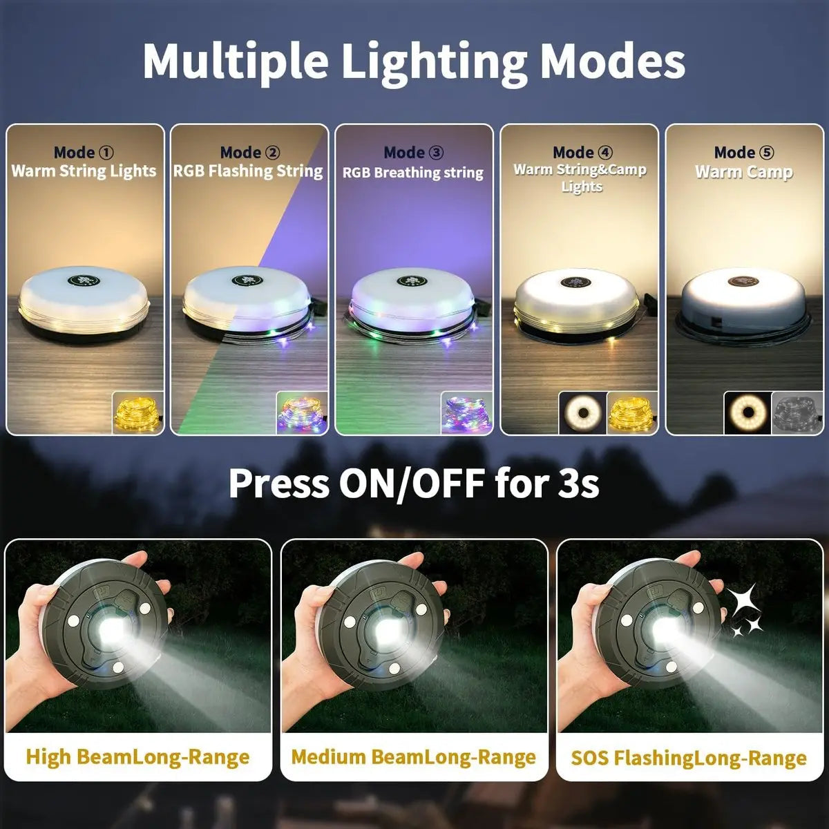 4-in-1 Camping Light with RGB String Lights & Power Bank